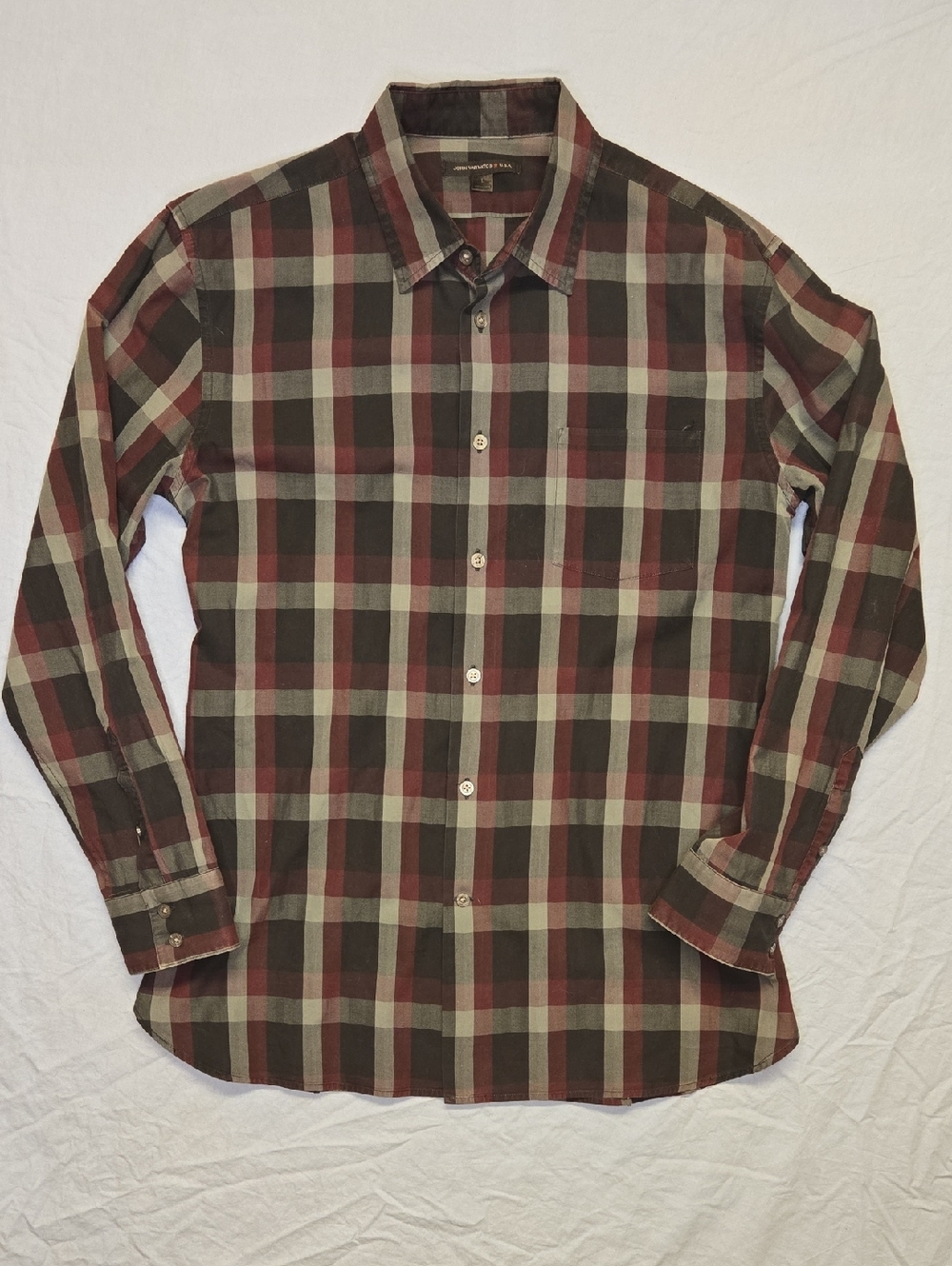 John Varvatos Flannel Button Down Casual Dress Shirt Black, Gray & Burgendy